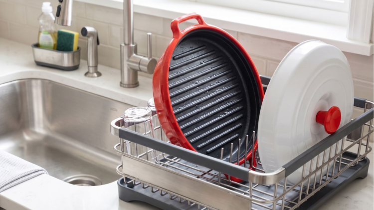 Rocket Chef grill pan and lid drying by the sink